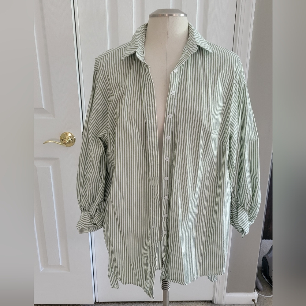 Eloquii green and white striped high low button front blouse